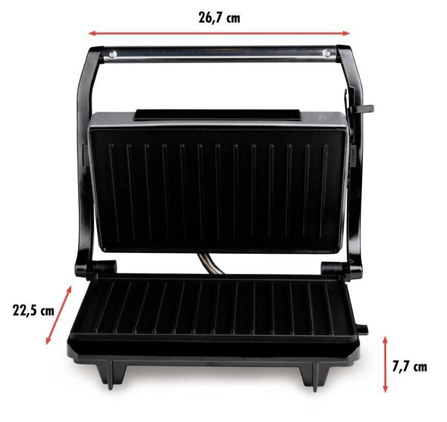 Electric grill with open lid, dimensions: width 26.7 cm, height 22.5 cm, depth 7.7 cm. Grilling surfaces show ribbed structure.
