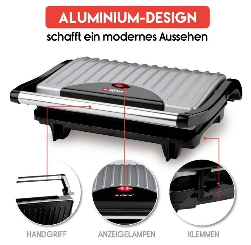 Grill with a stylish aluminium design, fitted with a handle, lights and clips, for a modern appearance.