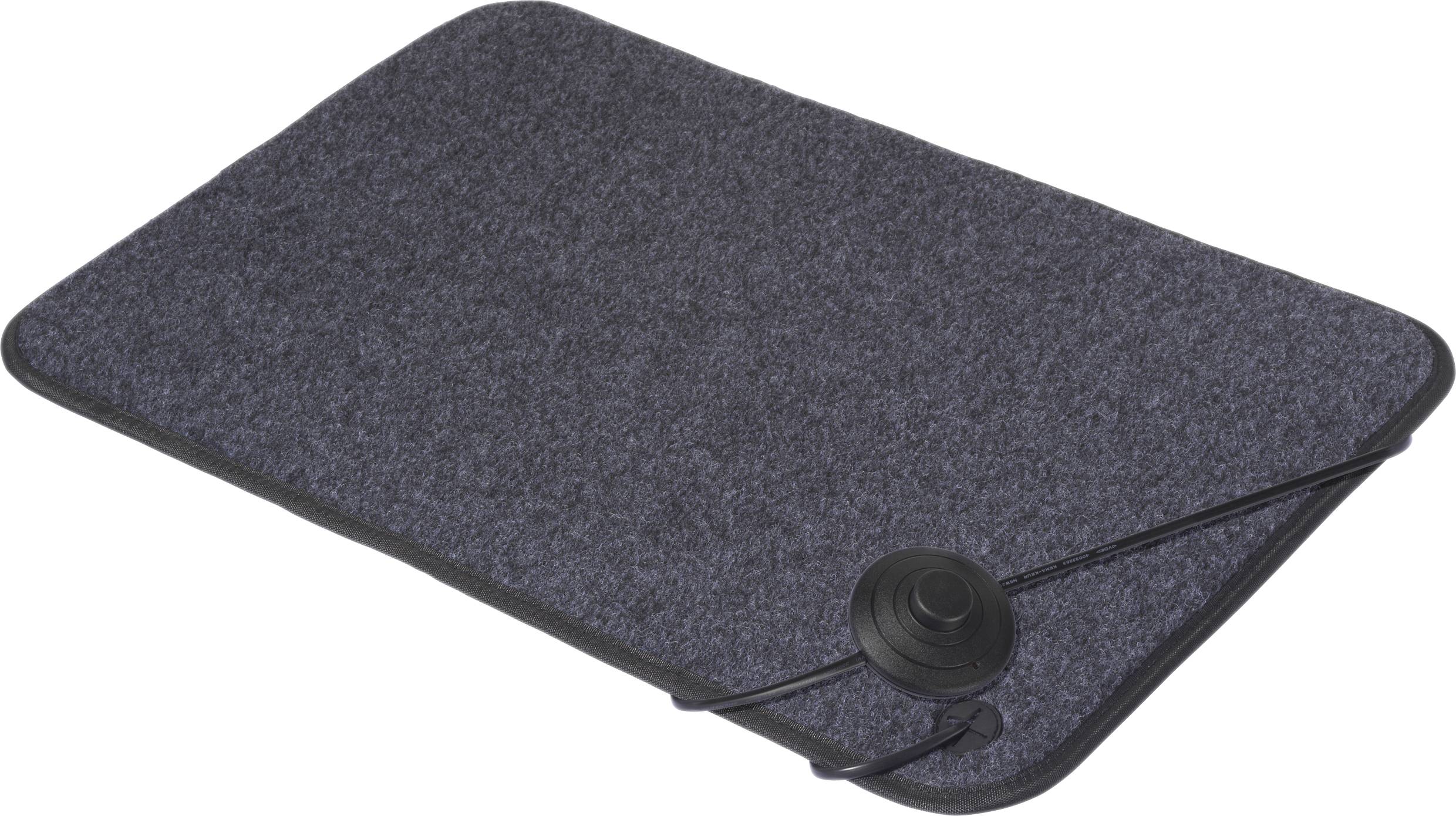 'A rectangular black car floor mat with a textured surface and a circular rubber fastening on one corner.'