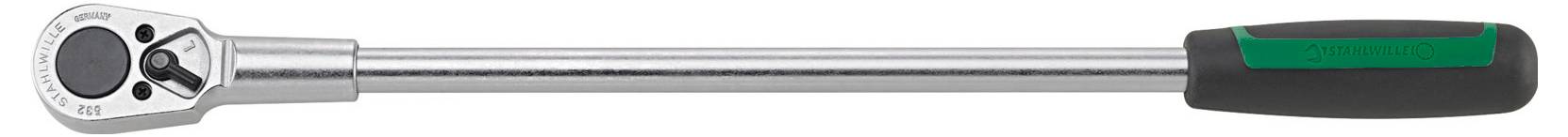 A silver-coloured torque wrench with a black and green handle lies horizontally.