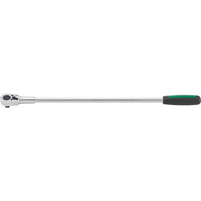 Torque wrench with black and green handle, silver shaft and ratchet head. Primarily used in mechanics.