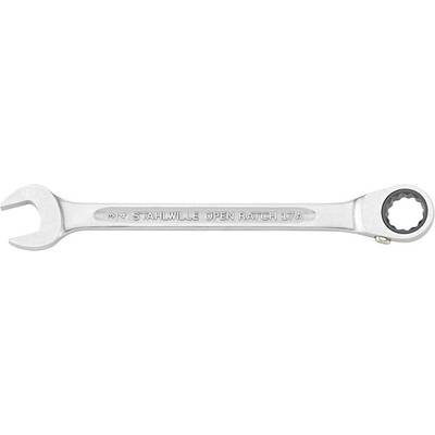 A silver ring spanner with the inscription 'STAHLWILLE OPEN RATCH 17/A'. On the left a flat spanner, on the right a ring spanner.