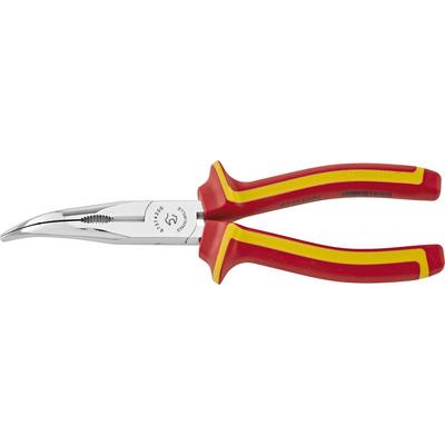 An isolated flat round pliers with red and yellow handles, suitable for electrical work, on a white background.