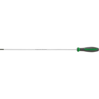 Flat-head screwdriver with green and black handle, suitable for general mechanical tasks.