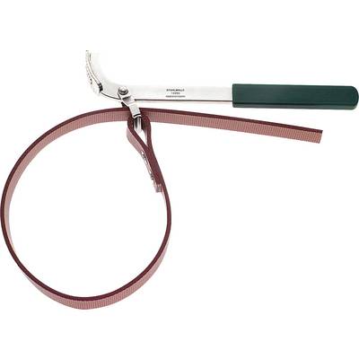 A silver oil filter wrench with a red strap and green handle. It is used for removing oil filters in vehicles.