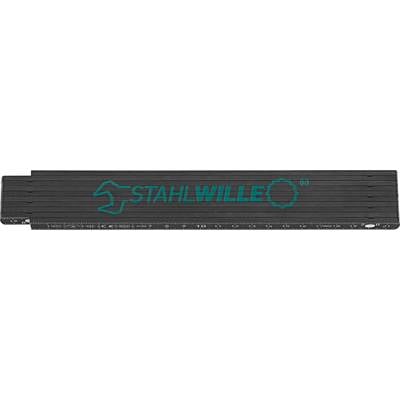 A black folding ruler with the 'STAHLWILLE' logo printed in turquoise. A flexible and foldable measuring tool.