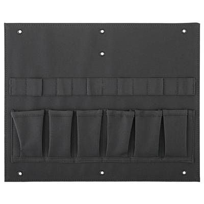 Black tool bag insert with multiple elastic pockets and loops for storing tools, mounted on a wall.