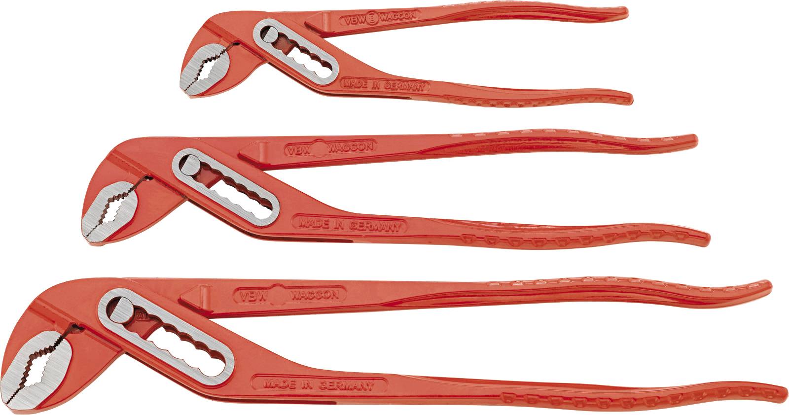Three red water pump pliers in different sizes are lying side by side. They have serrated jaws and long handles for various applications.