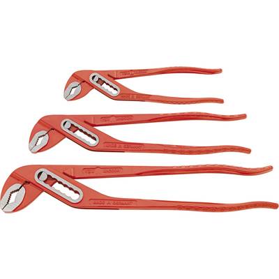 Three red water pump pliers in different sizes are lying side by side. They have serrated jaws and long handles for various applications.