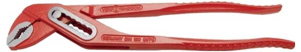 Red metal water pump pliers with serrated gripping jaws and a long handle, suitable for gripping pipes and nuts.