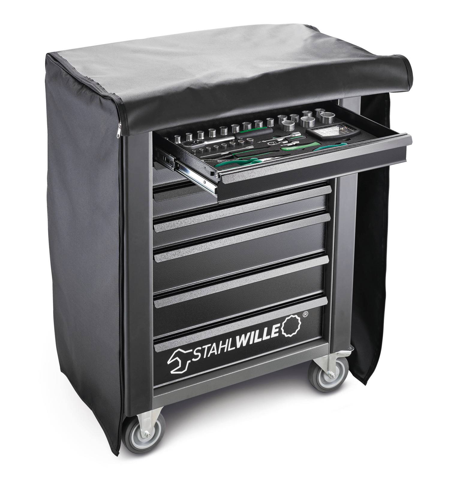 Tool trolley by STAHLWILLE with multiple drawers, partially open with visible tools. Wheels for easy movement.