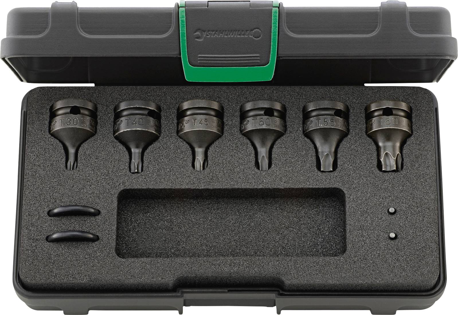 An open black toolbox with six metallic sockets set into foam compartments.