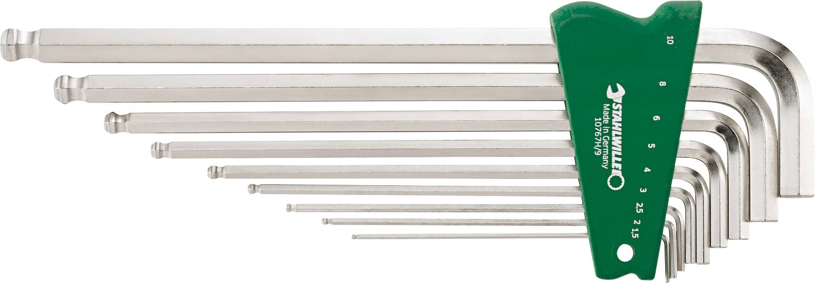 A set of nine Allen keys in various sizes, arranged side by side, held in a green holder with scaling markings.