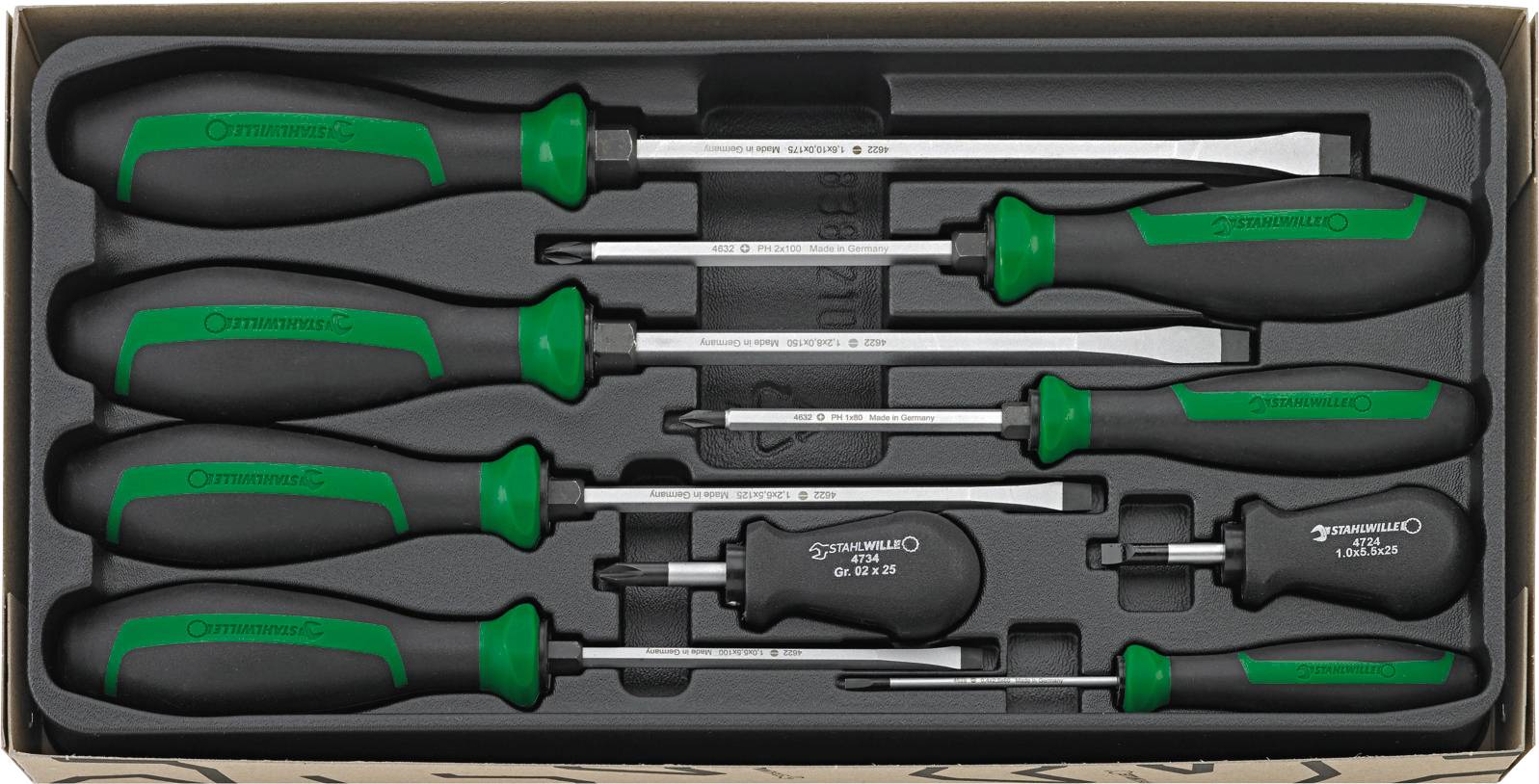 A set of nine screwdrivers with green handles in a black foam holder, organised in a rectangular box.