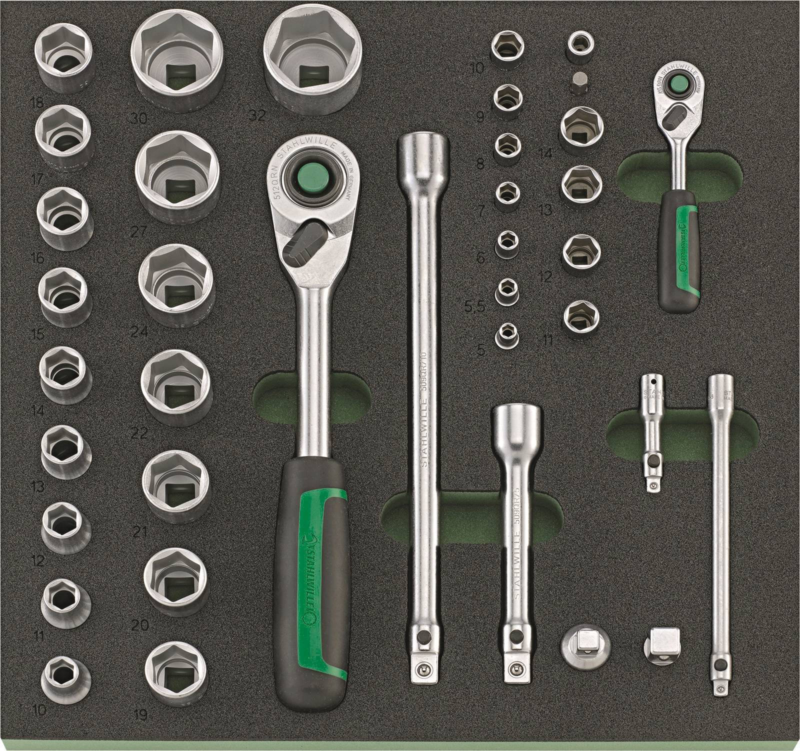 'Ratchet socket set with extensions and sockets in various sizes, compactly arranged in a foam insert.'