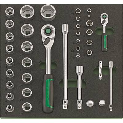 'Ratchet socket set with extensions and sockets in various sizes, compactly arranged in a foam insert.'