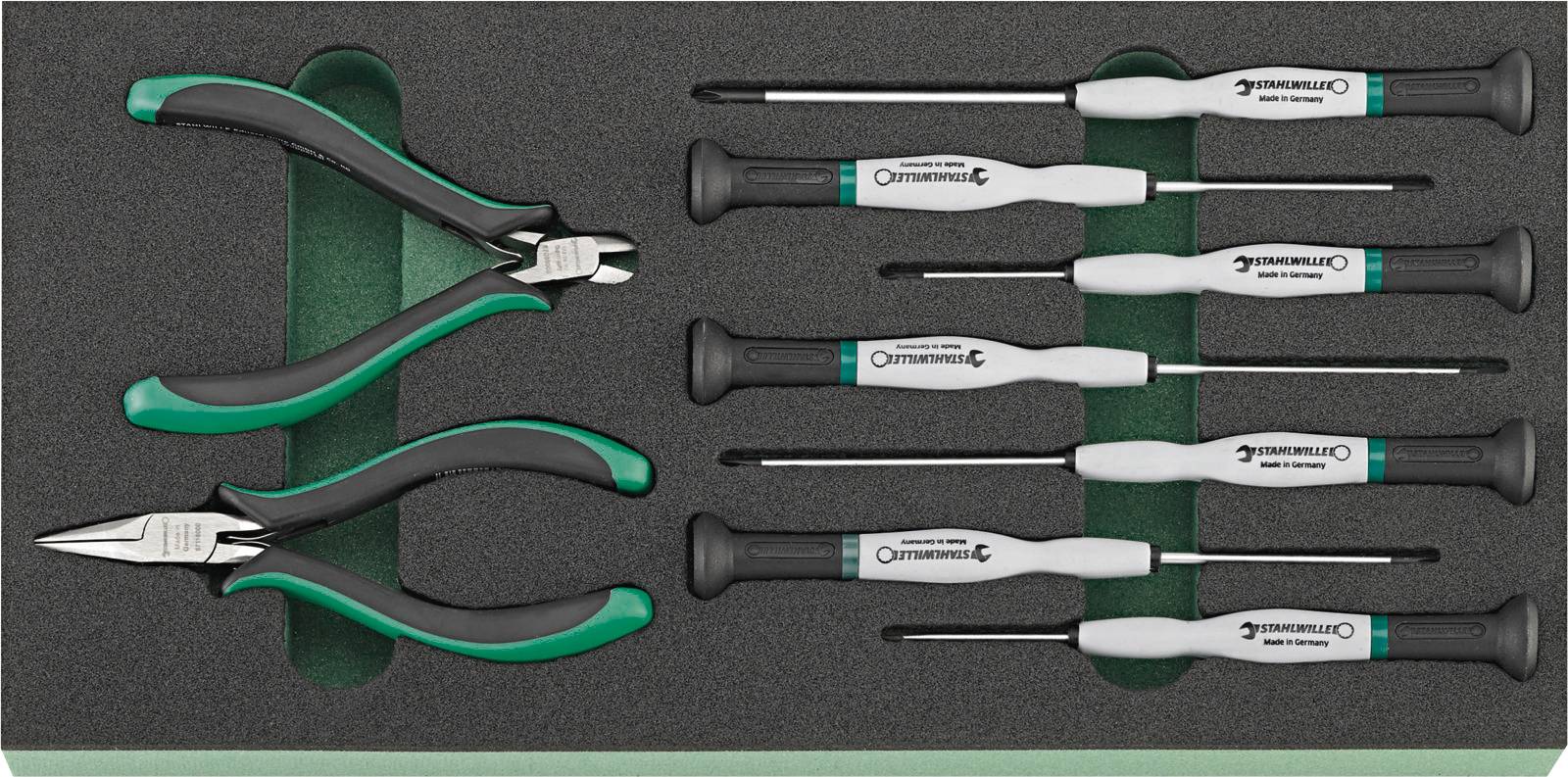A tool set with two pliers and six screwdrivers in a foam holder; handles have green and black details.
