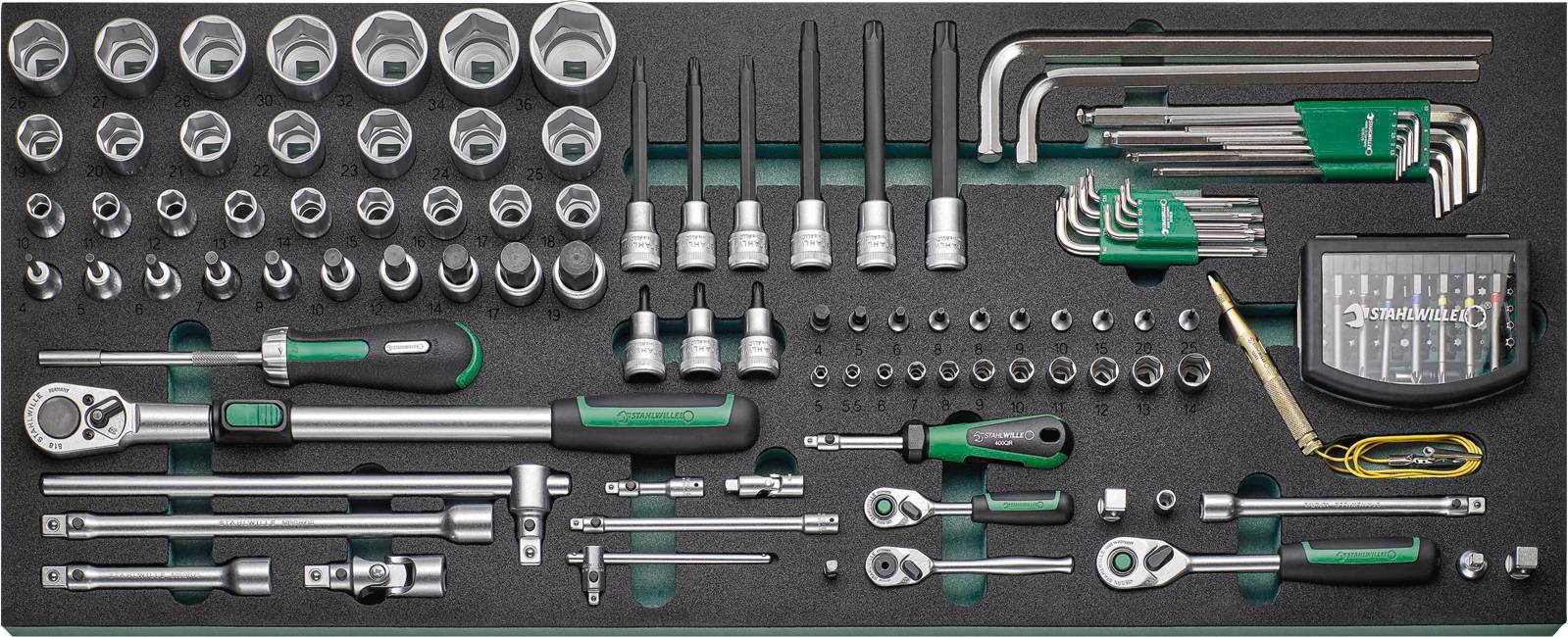 Socket and screwdriver set in foam insert. Contains socket nuts, screwdriver bits, ratchet spanner and Allen keys.