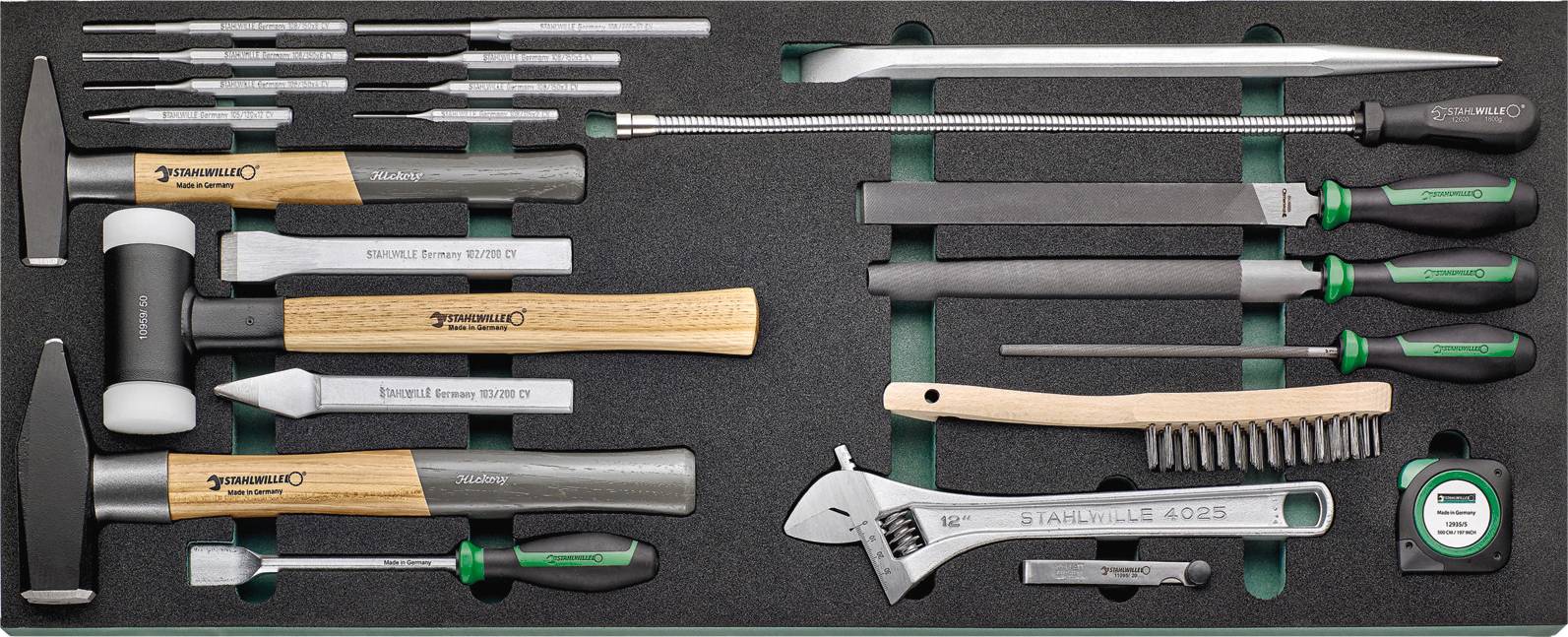Tool set with hammers, files, screwdrivers and other hand tools, neatly arranged in a case.
