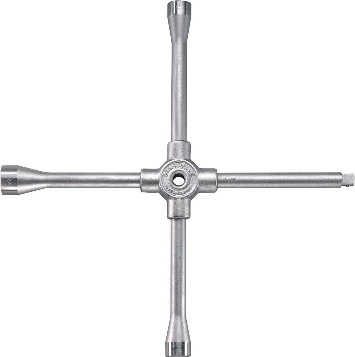A silver cross-headed wrench with four equal-length arms, each with a socket insert at the ends, aligned in a cross formation.