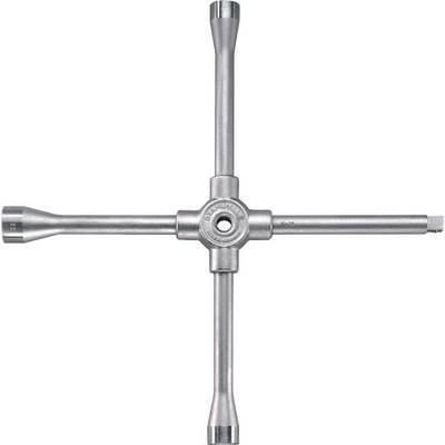 A silver cross-headed wrench with four equal-length arms, each with a socket insert at the ends, aligned in a cross formation.
