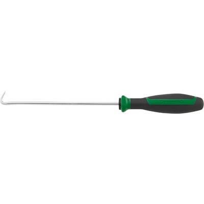 A tool with a long, curved metal hook and an ergonomic handle in black and green, possibly a hook tool.