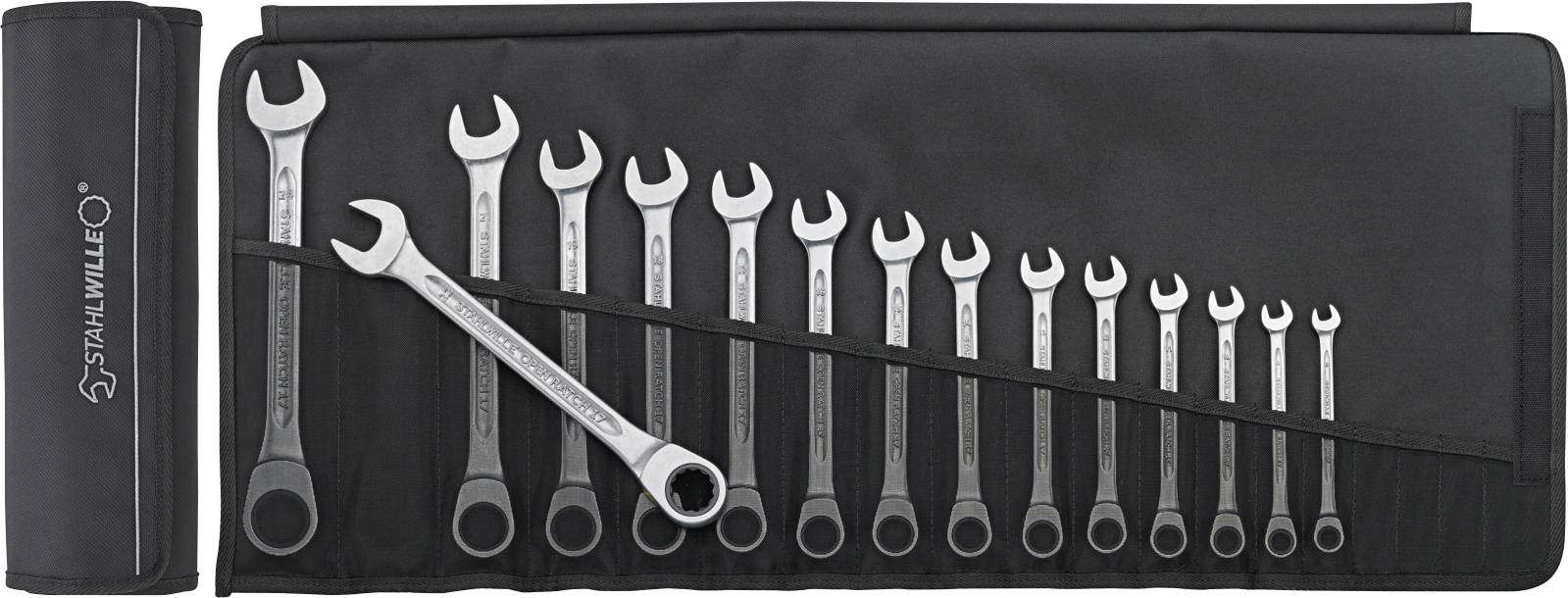 A set of ring spanners in various sizes, neatly arranged in a black bag, with the brand logo on the bag.