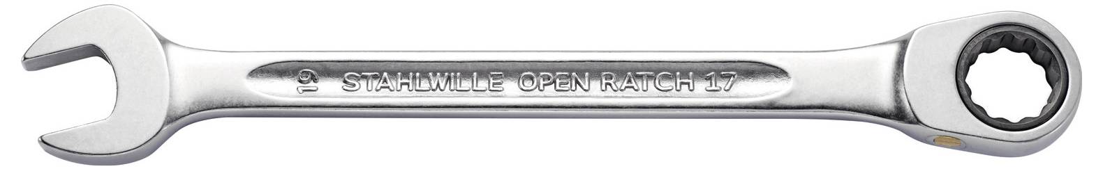 A silver spanner with the inscription 'STAHLWILLE OPEN RATCH 17'.