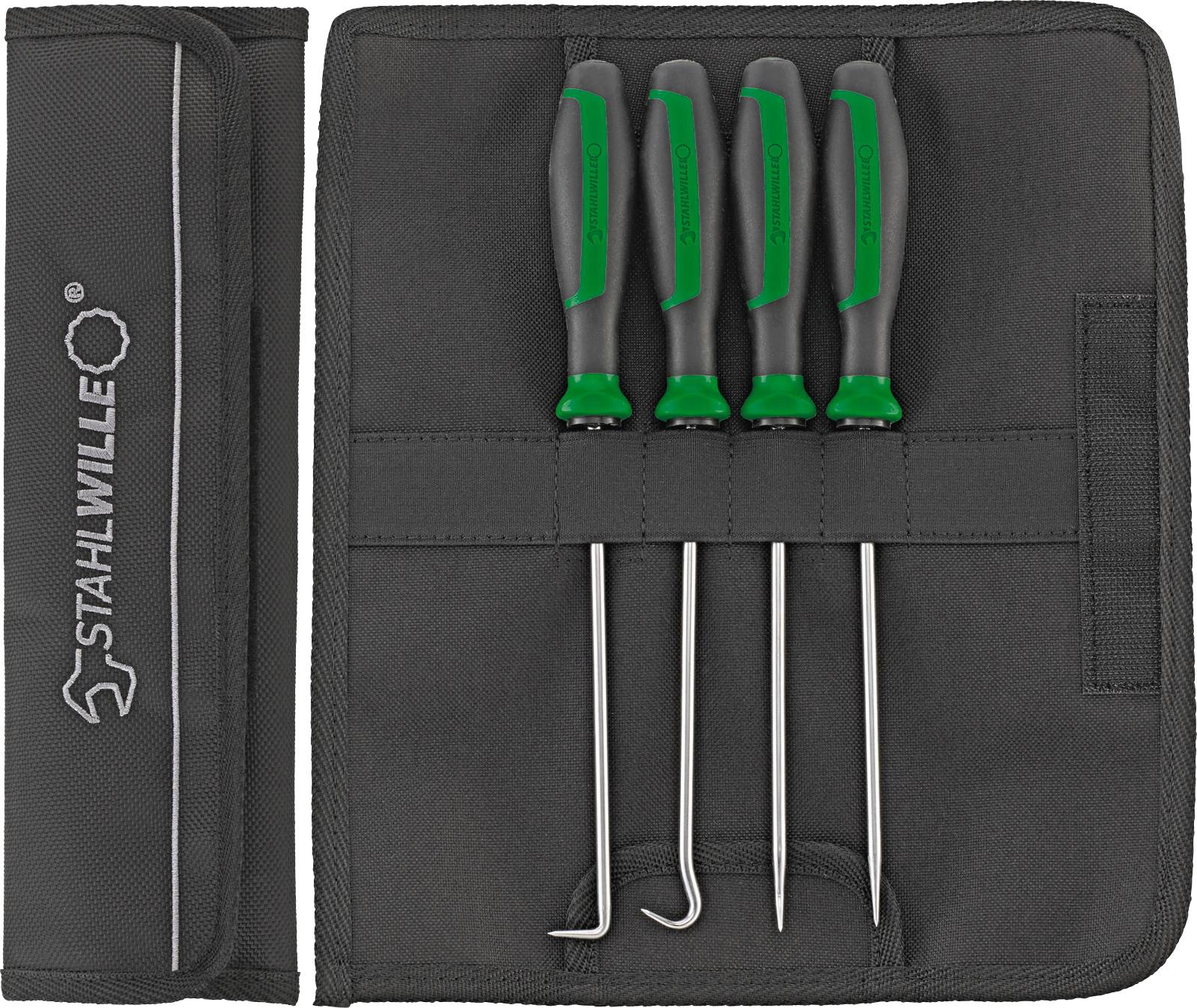 A set of four hook tools in a fabric bag with a brand logo. The tools have handles in grey and green.