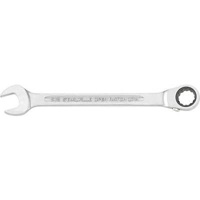 A 13 mm Stahlwille open-ratchet ring spanner with a polished finish lies horizontally.