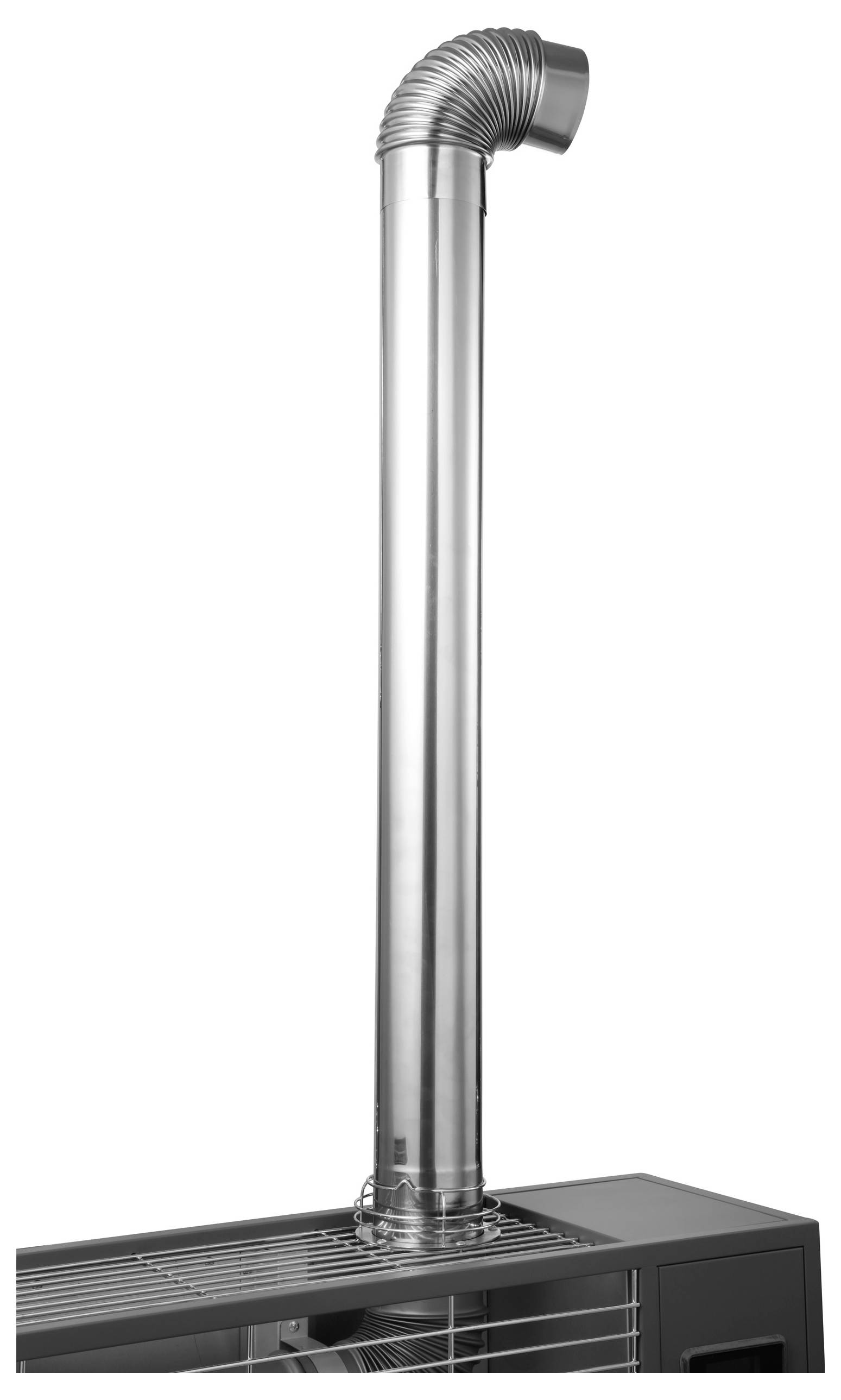 A stainless steel chimney pipe attached to a rectangular stove, designed for venting smoke outdoors, with a ribbed elbow at the top.