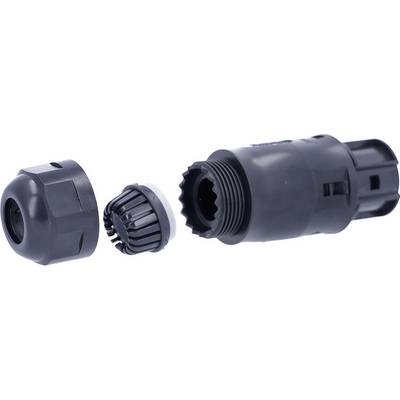 A black, three-part cable plug with an open fastening mechanism, showing the individual components and their connection possibilities.