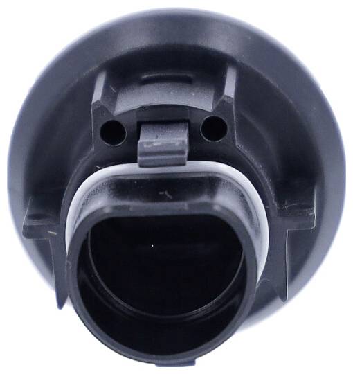 Round, black, cylindrical plastic plug with a central connection socket and two lateral mounting holes.