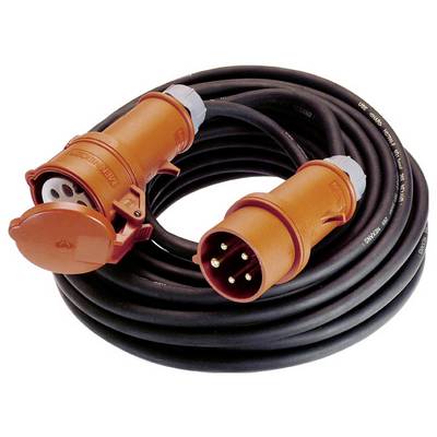 Orange extension lead with two connectors, suitable for outdoor use. Socket on the left, plug on the right.