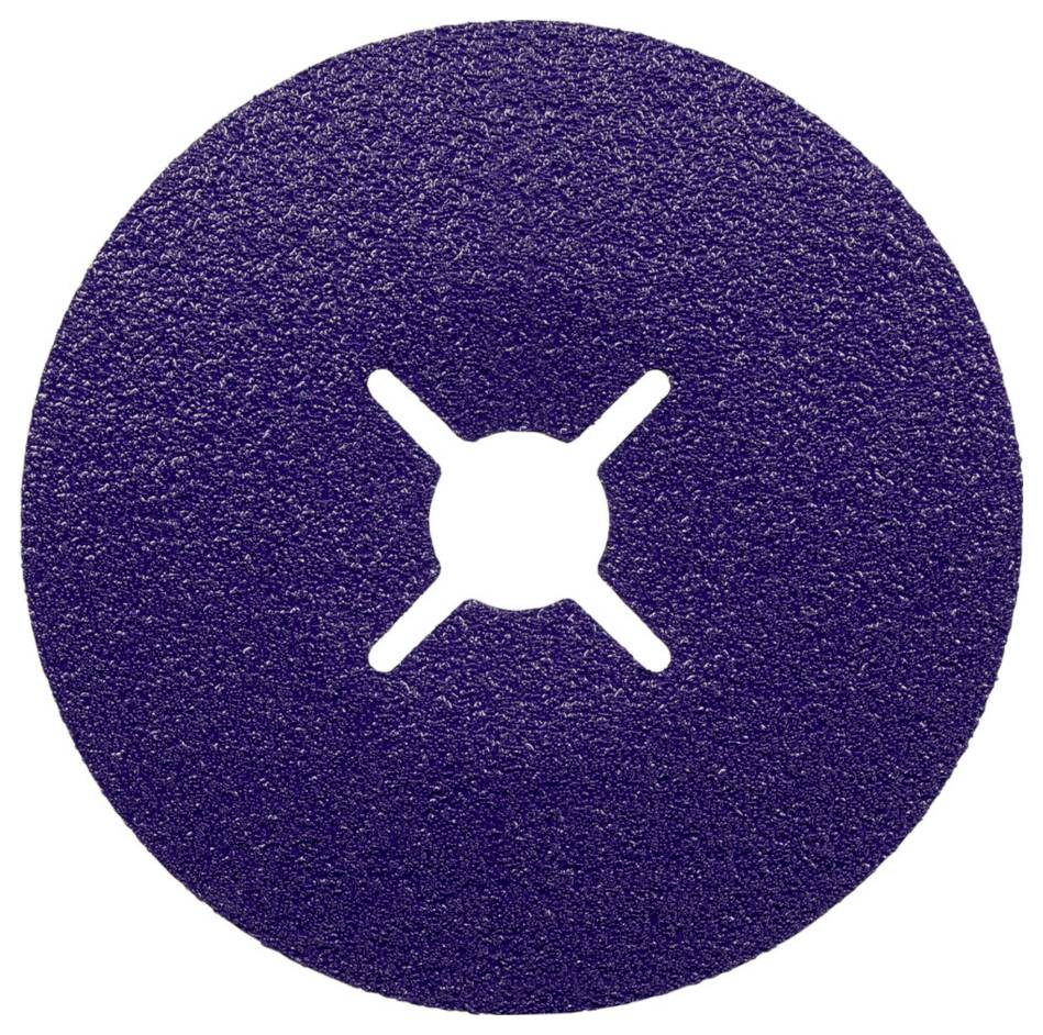 Dark purple grinding disc with a cross-shaped cut-out in the centre. Used for grinding work on metal or wood.