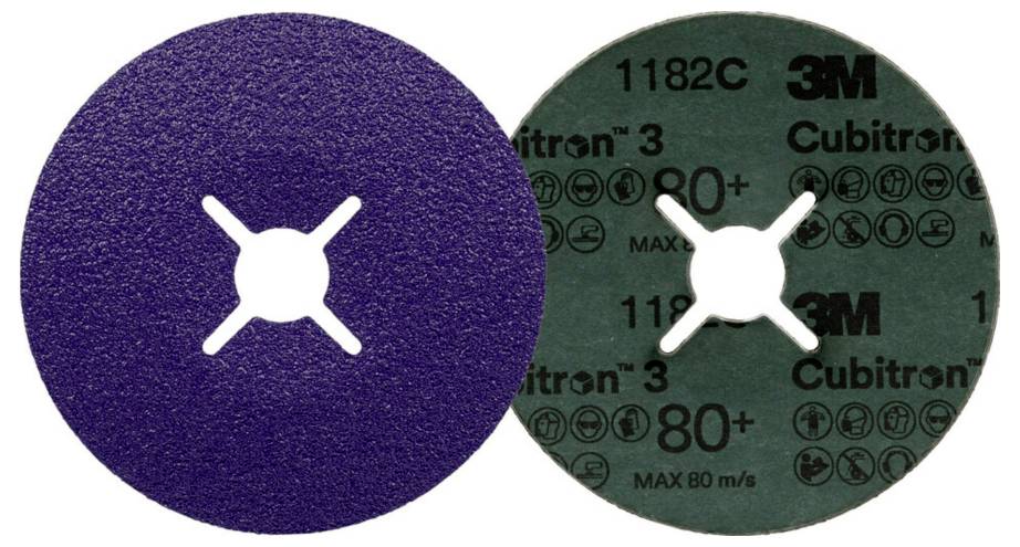Two grinding wheels side by side, the one on the left without printing, the one on the right with 3M logo and 80+ grit.