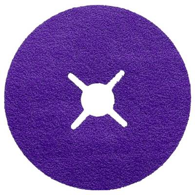 A round, purple grinding disc with a cross-shaped opening in the centre, used for grinding work on various surfaces.<br><br>Note the British English spelling of "centre" and the natural phrasing while maintaining the original meaning.