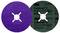 Two grinding wheels, one purple and one black, positioned side by side. The black wheel bears the manufacturer's logo and details.
