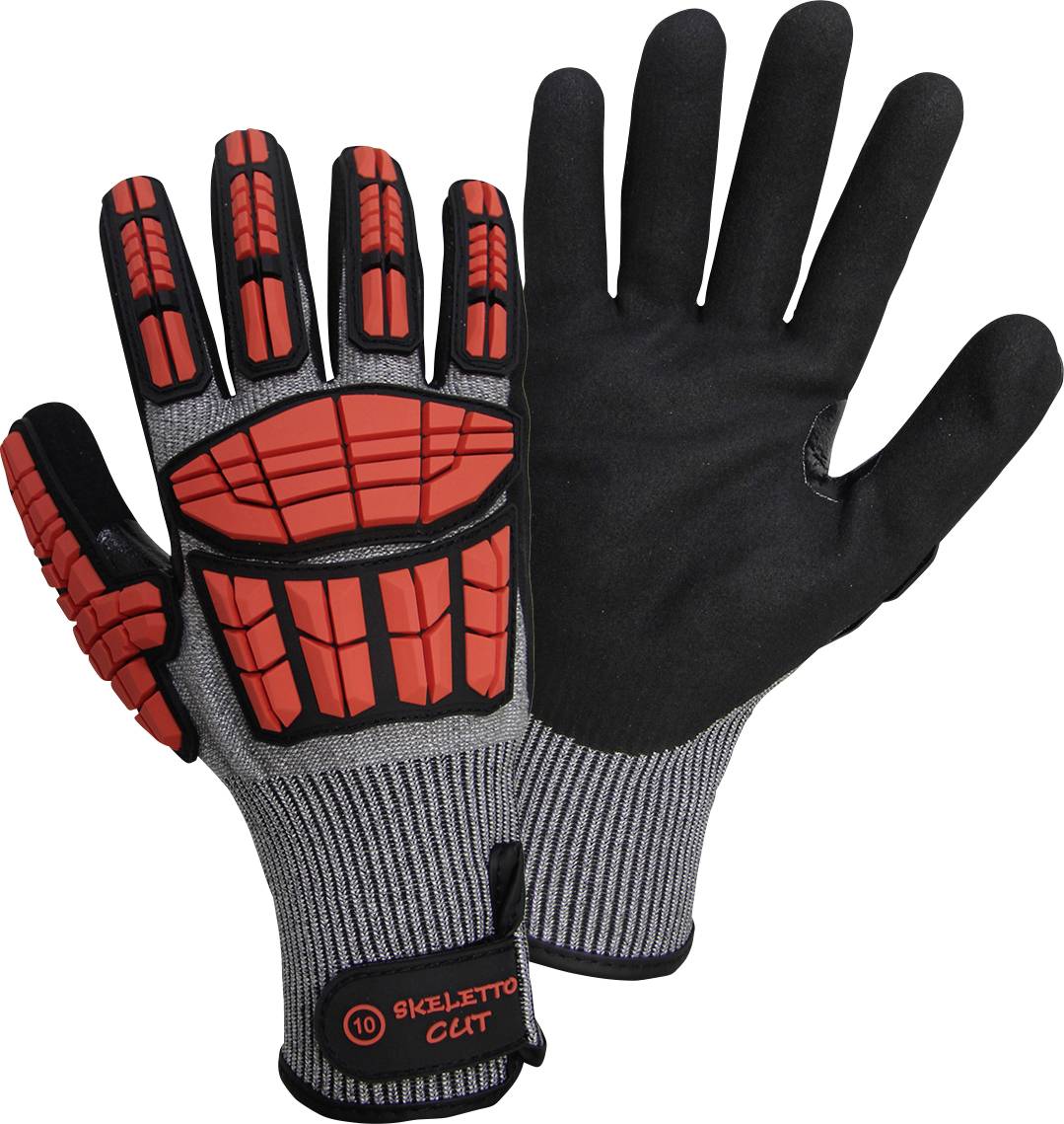 Two work gloves with a black palm and red protection on the back of the hand, suitable for robust, protective tasks.