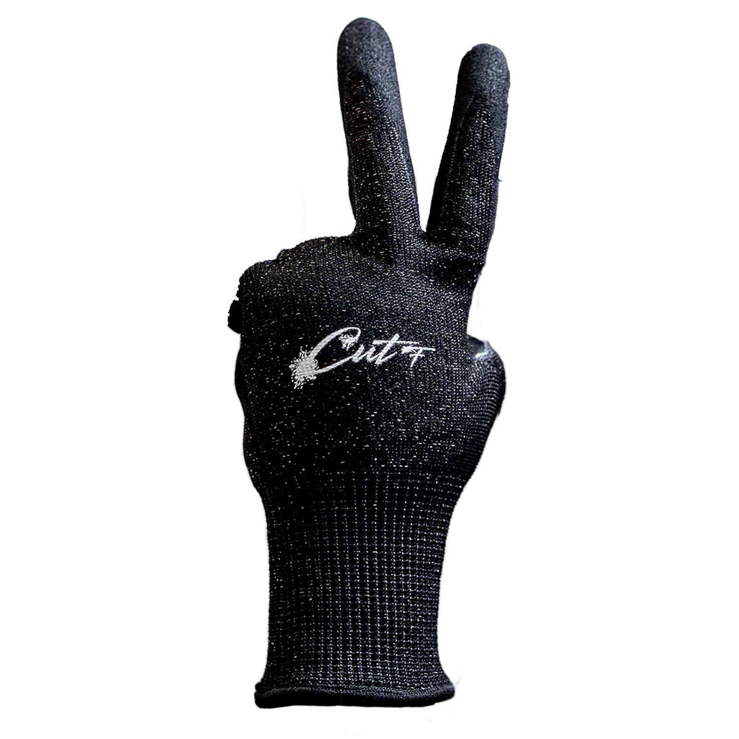 'Cuts' black glove shows the peace sign with extended index and middle fingers. Text 'Cuts' in white on the glove.