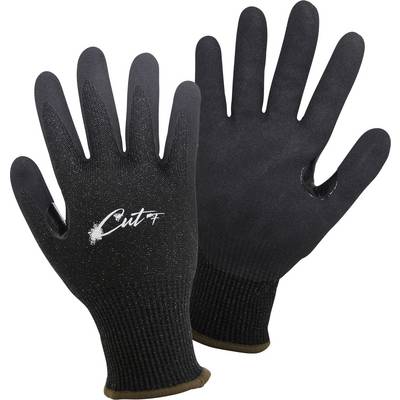 Black work gloves with 'Cut F' logo, offering cut protection. Designed for industrial or craft work.