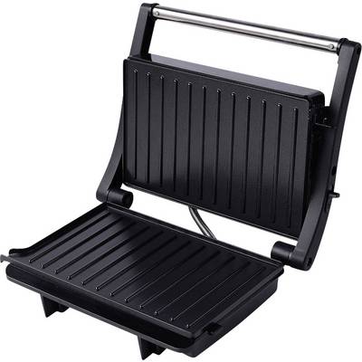 Black panini grill with ridged plates, opened for preparing sandwiches or vegetables.