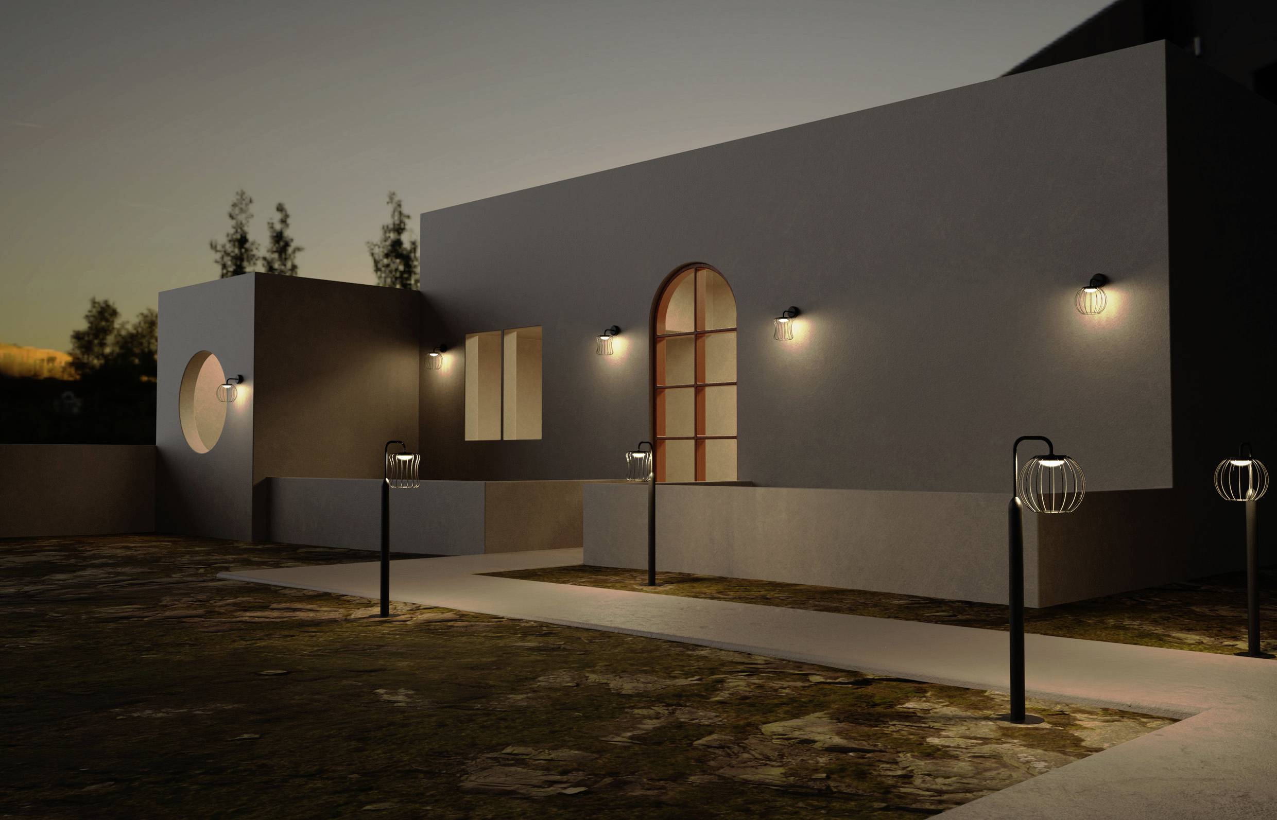 Modern house at dusk with square windows and outdoor lights illuminating a curved path.