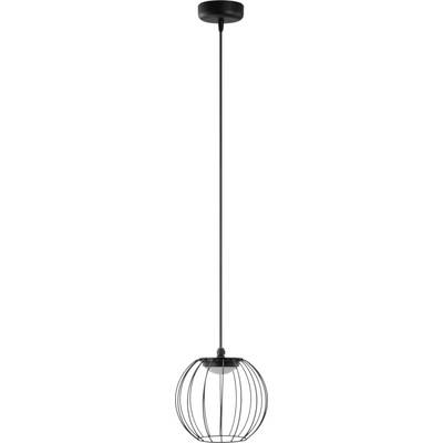 A black pendant light fixture with a spherical metal cage design and a long, straight rod connecting to the ceiling mount.