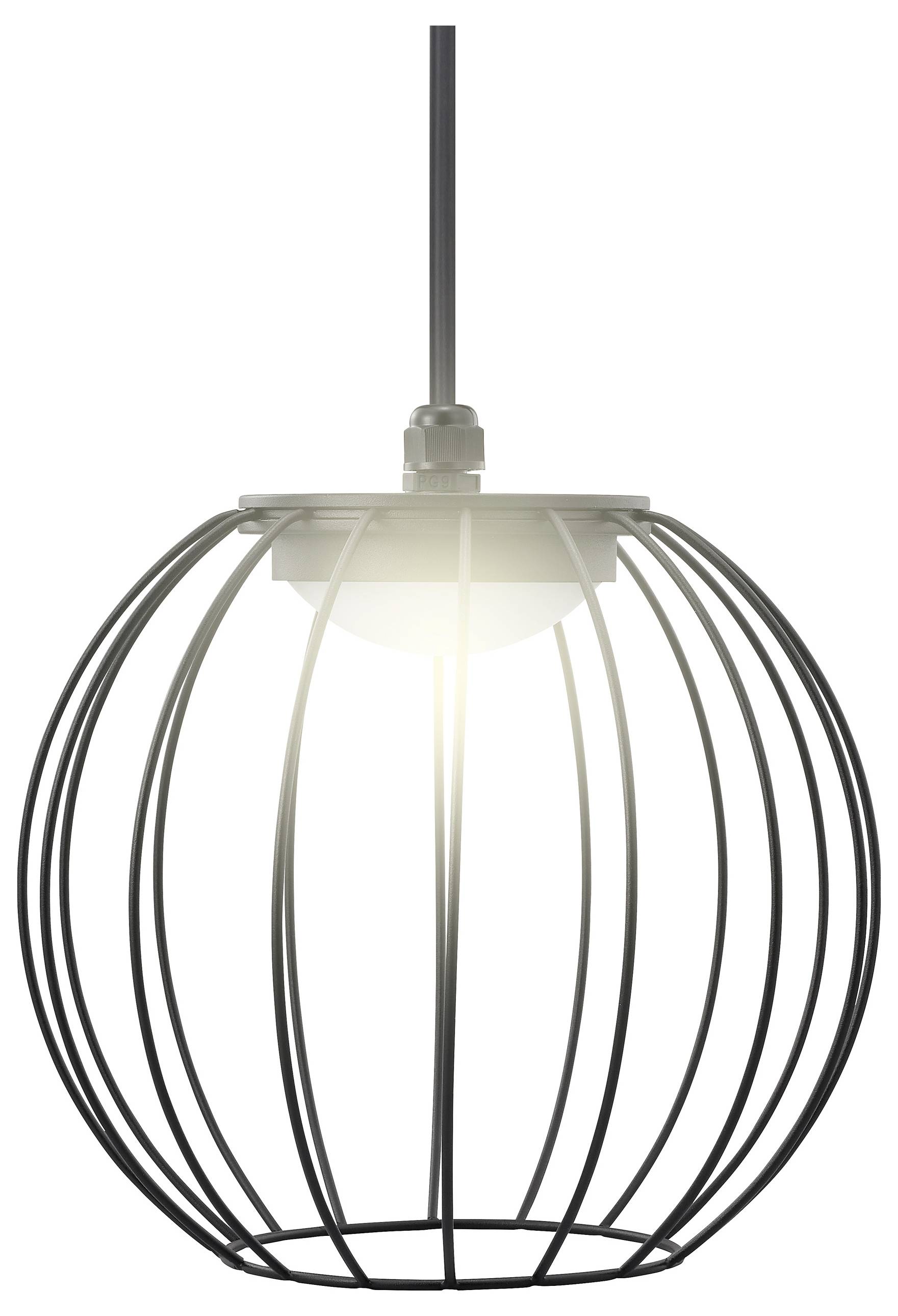 A black metal cage pendant light fixture with an exposed bulb, emitting a soft glow.