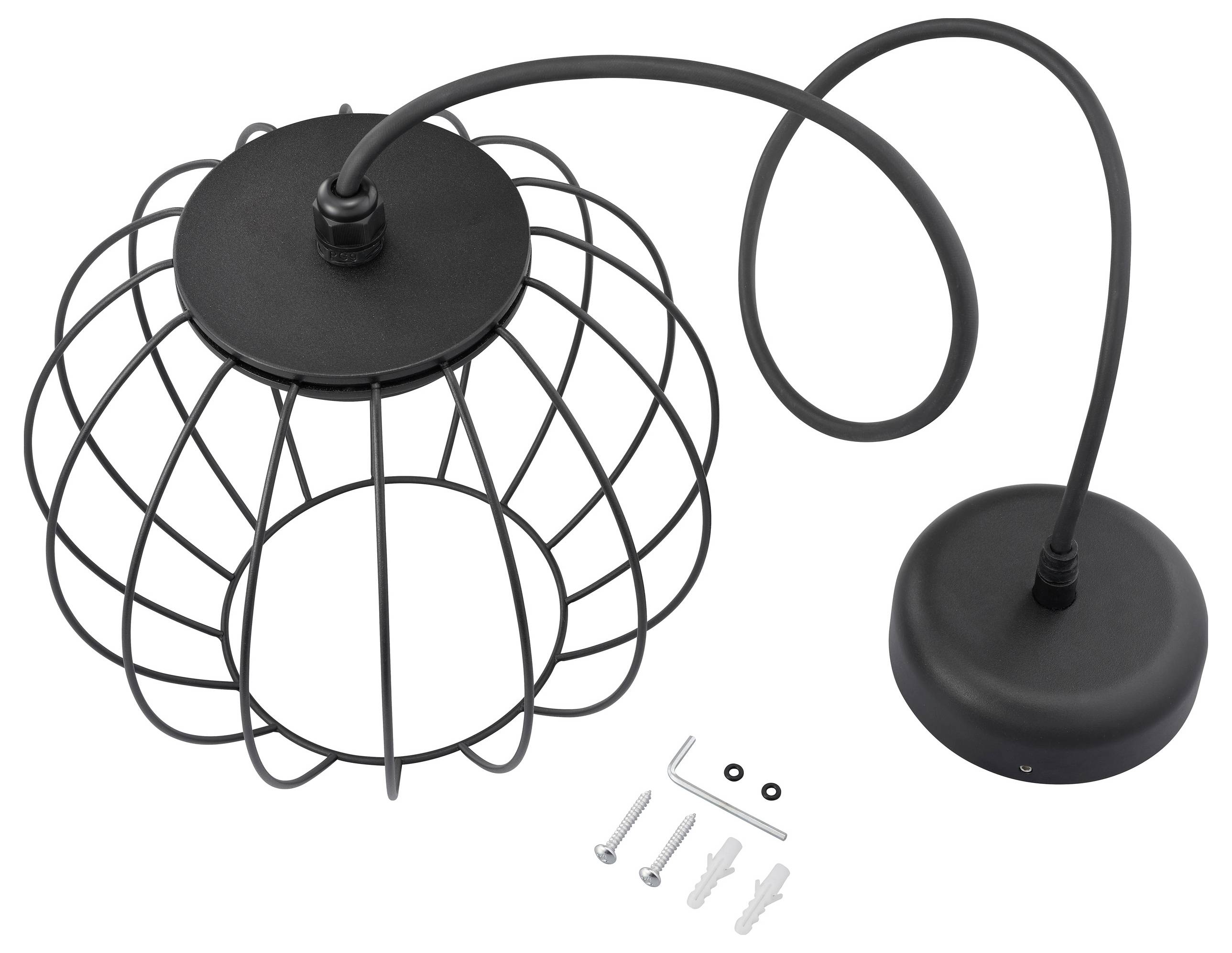 Black wire lamp shade with a ceiling mount and attached chain. Includes mounting hardware: screws, anchors, and washers.