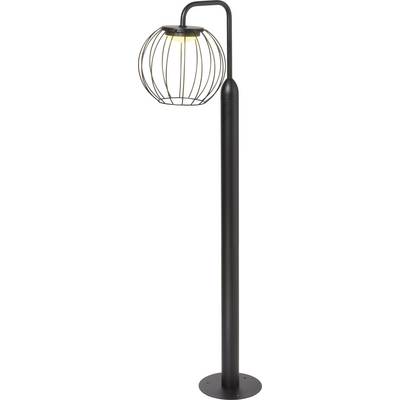 A tall, black, modern outdoor lamp post with a round, wire cage-like light fixture at the top.