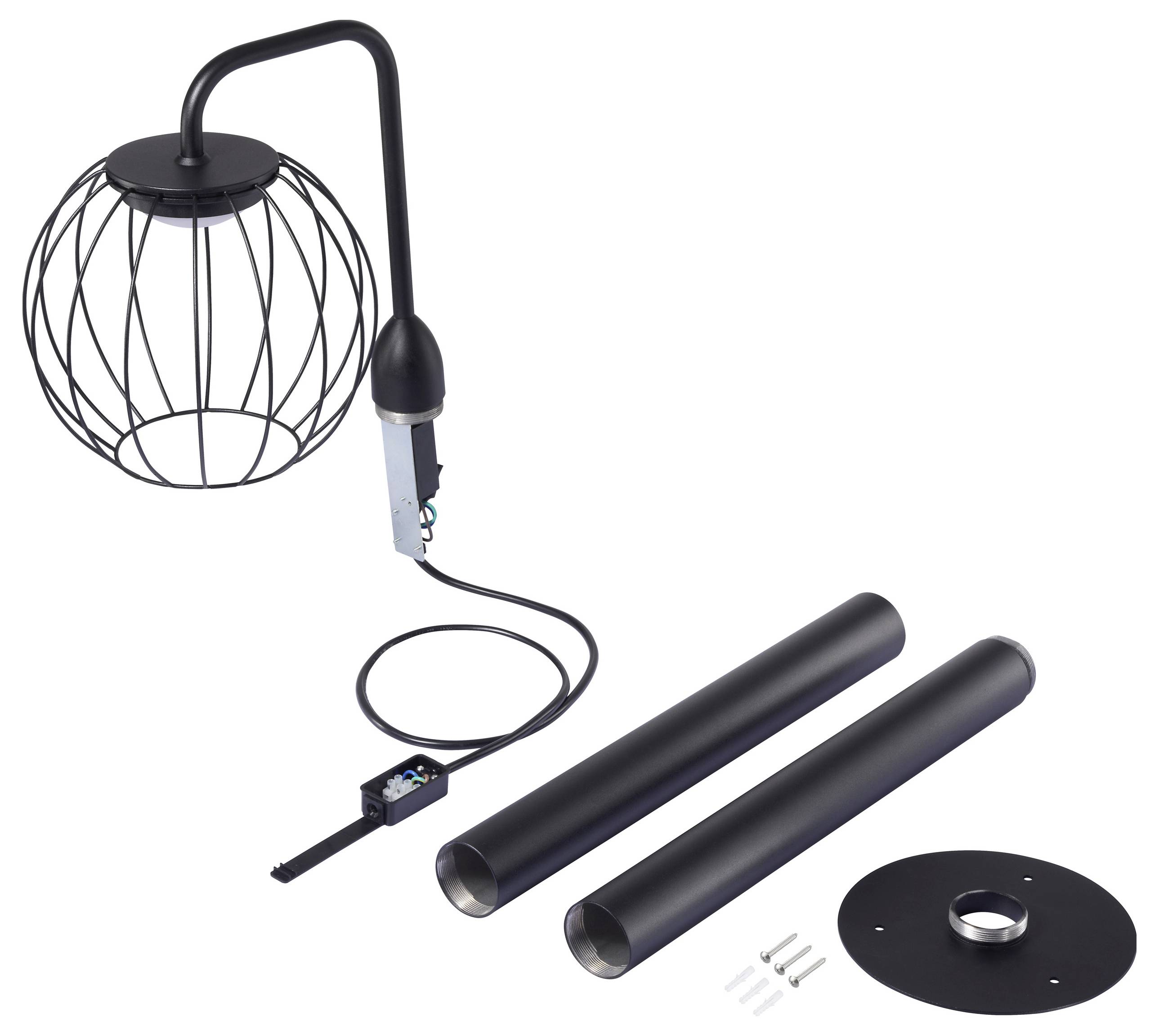 'Black pendant light fixture with a caged globe design, two extension rods, mounting bracket, circular base, and screws included.'