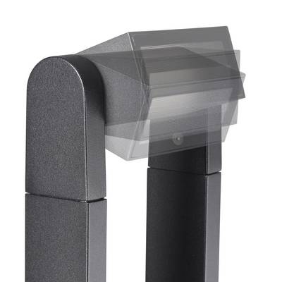 A modern black outdoor lamp with an adjustable head on a tall post, showcasing a sleek design suitable for garden or pathway lighting.