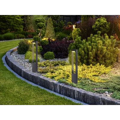 A landscaped garden with neatly trimmed shrubs and decorative lighting fixtures along a stone border, surrounded by green grass.
